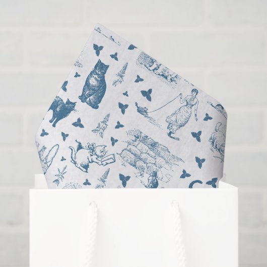  Retro Toile Patroon Cat Catnip Wit Blauw Tissuepapier (Cadeauzakje)