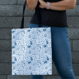Retro Toile Patroon Cat Catnip Wit Blauw Tote Bag