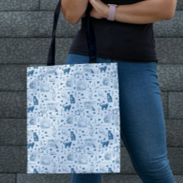  Retro Toile Patroon Cat Catnip Wit Blauw Tote Bag