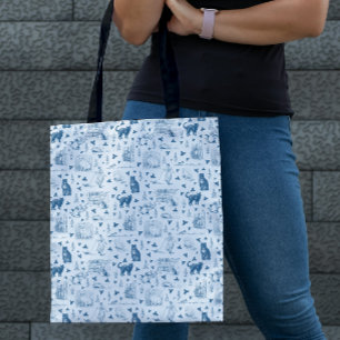  Retro Toile Patroon Cat Catnip Wit Blauw Tote Bag