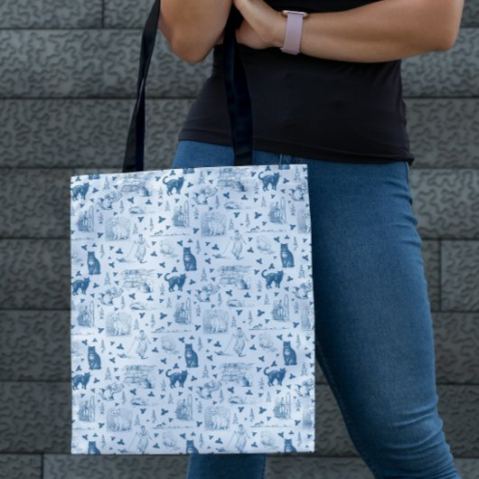 Retro Toile Patroon Cat Catnip Wit Blauw Tote Bag