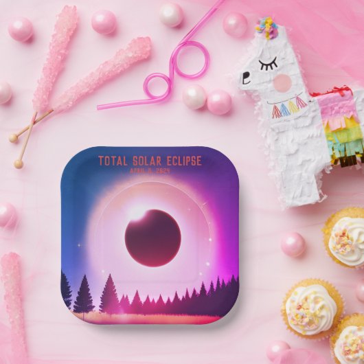 Retro Totale zonsverduistering 8 april 2024 landsc Papieren Bordje (Feest)
