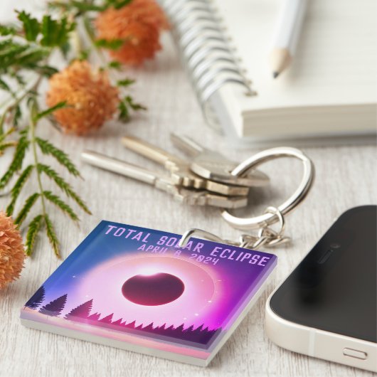 Retro Totale zonsverduistering 8 april 2024 landsc Sleutelhanger (Voorkant Rechts)