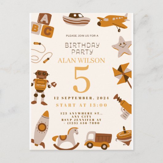 Retro Toys Boys Birthday Invitation Briefkaart (Voorkant)