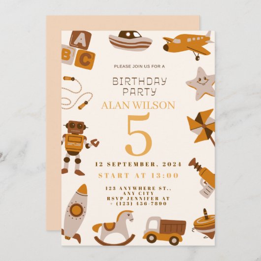 Retro Toys Boys Birthday Invitation Kaart (Voorkant / Achterkant)