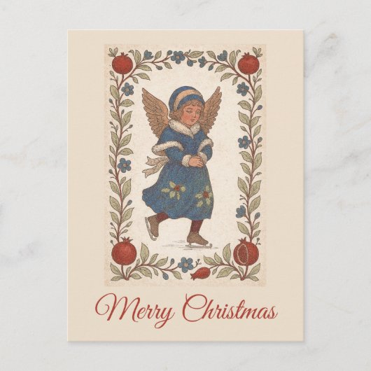 Retro traditional Christmas skating Angel floral Briefkaart (Voorkant)