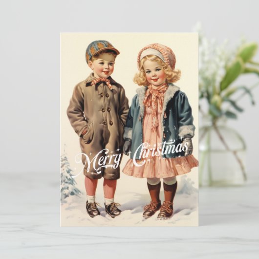 retro traditioneel kinder in Snow Mountain Feestdagenkaart (Staand voorkant)