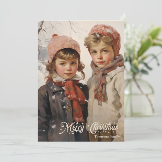  retro traditioneel kinder in Snow Mountain Feestdagenkaart (Staand voorkant)