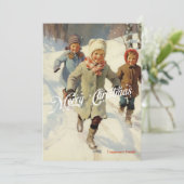  retro traditioneel kinder spelen in sneeuw feestdagenkaart (Staand voorkant)