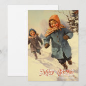  retro traditioneel kinder spelen sneeuwberg feestdagenkaart (Voorkant / Achterkant)