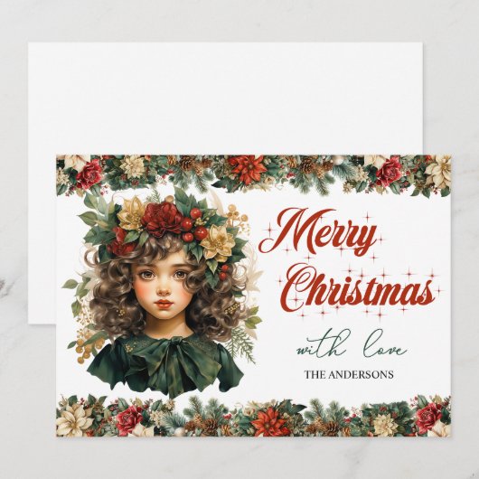 retro traditioneel klassiek kerstmeisje feestdagenkaart (Voorkant / Achterkant)