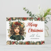  retro traditioneel klassiek kerstmeisje feestdagenkaart (Staand voorkant)