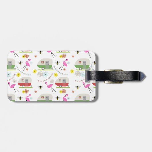 Retro Trailer en Flamingos Patroon Bagagelabel (Achterkant horizontaal)
