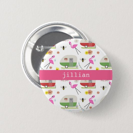 Retro Trailer en Flamingos Patroon Ronde Button 5,7 Cm (Voorkant /achterkant)
