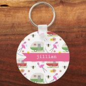 Retro Trailer en Flamingos Patroon Sleutelhanger (Voorkant)