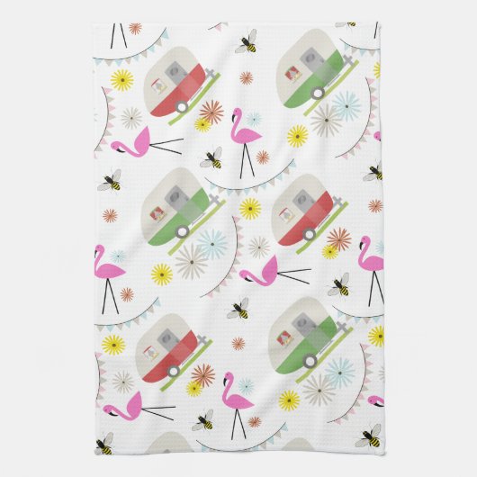 Retro Trailer en Flamingos Patroon Theedoek (Verticaal)