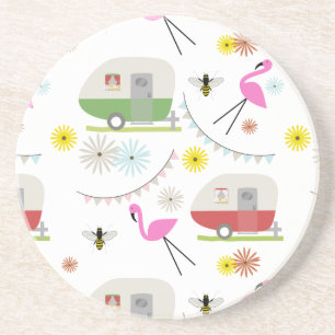 Retro Trailer en Flamingos Patroon Zandsteen Onderzetter