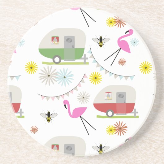 Retro Trailer en Flamingos Patroon Zandsteen Onderzetter (Voorkant)