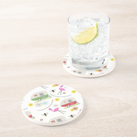 Retro Trailer en Flamingos Patroon Zandsteen Onderzetter (Zijkant)