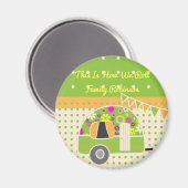 Retro trailer kampeerfeest artikelen groen/oranje magneet (Voorkant / Achterkant)