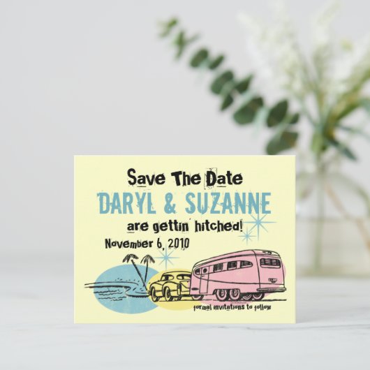 Retro trailer net getikt Save the Date Aankondigingskaart (Staand voorkant)