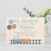 Retro Train Kinder First Birthday Party Earthy Kaart (Staand voorkant)