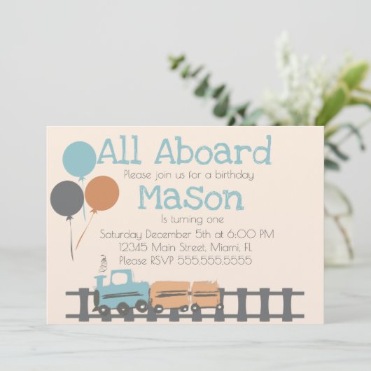 Retro Train Kinder First Birthday Party Earthy Kaart (Staand voorkant)