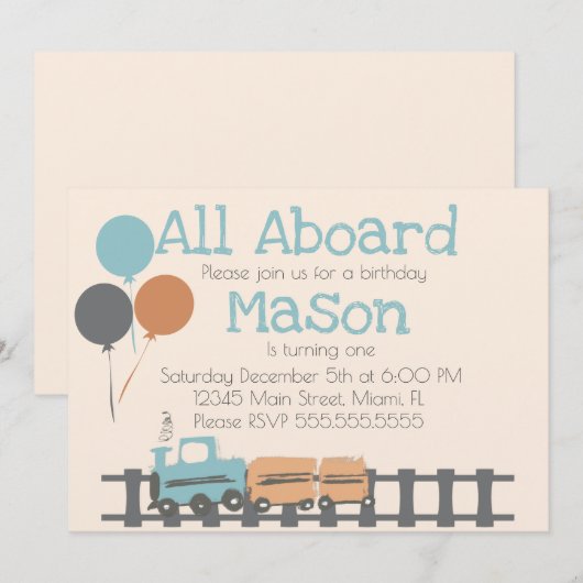 Retro Train Kinder First Birthday Party Earthy Kaart (Voorkant / Achterkant)