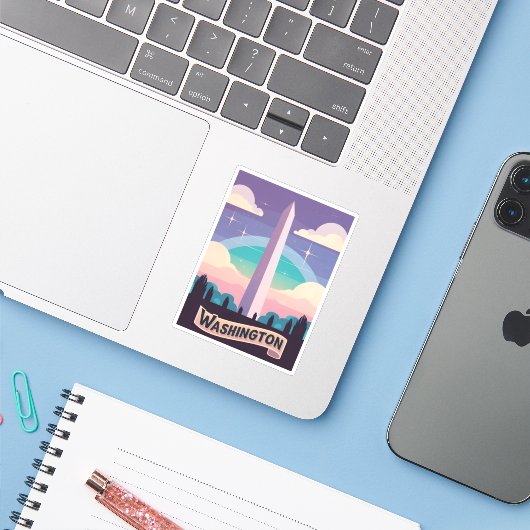 Retro Travel 80s Neon Washington Monument Lofi Art Sticker (Laptop met iPhone)