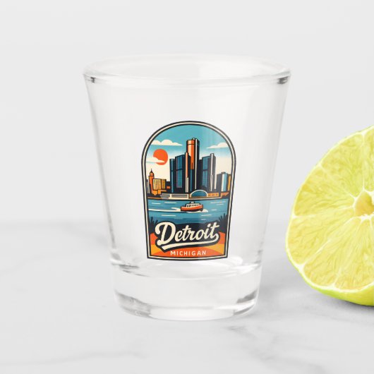 Retro Travel Detroit Michigan Cityscape Lakeside Shot Glas (Voorkant)