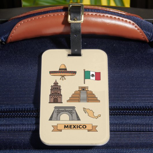 Retro Travel Mexico Iconic National Symbols  Bagagelabel (Voorkant Insitu 2)