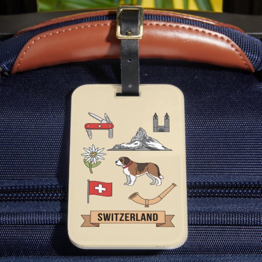 Retro Travel Switzerland Iconic National Symbols Bagagelabel (Voorkant Insitu 2)