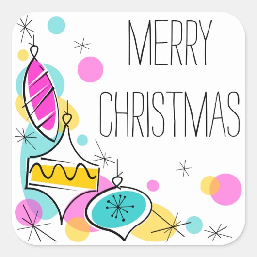 Retro Tree Baubles Corner Kerst sticker vierkant (Voorkant)