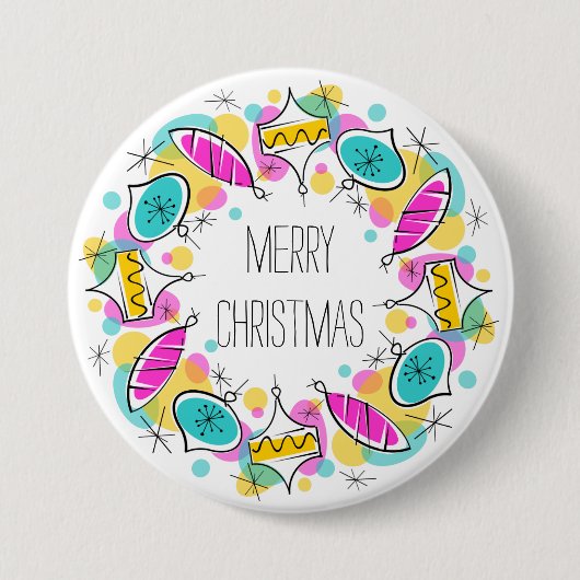 Retro Tree Baubles - Kerstknop Ronde Button 7,6 Cm (Voorkant)
