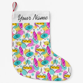 Retro Tree Baubles Multi Name stocking red back Kleine Kerstsok