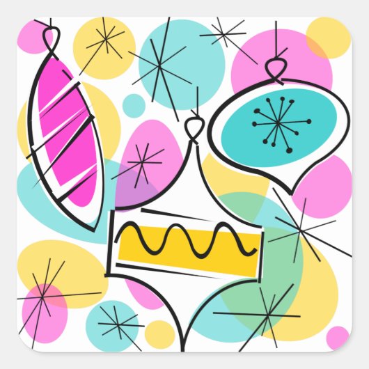 Retro Tree Baubles sticker vierkant (Voorkant)