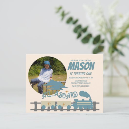 Retro Trein Kinderen Verjaardagsfeestje Aards Fot Briefkaart (Staand voorkant)