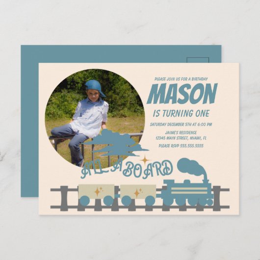 Retro Trein Kinderen Verjaardagsfeestje Aards  Fot Briefkaart (Voorkant / Achterkant)