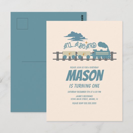 Retro Trein Kinderverjaardagsfeestje Aards Briefkaart (Voorkant / Achterkant)
