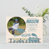 Retro Trein Kinderverjaardagsfeestje Aards Foto Kaart (Staand voorkant)
