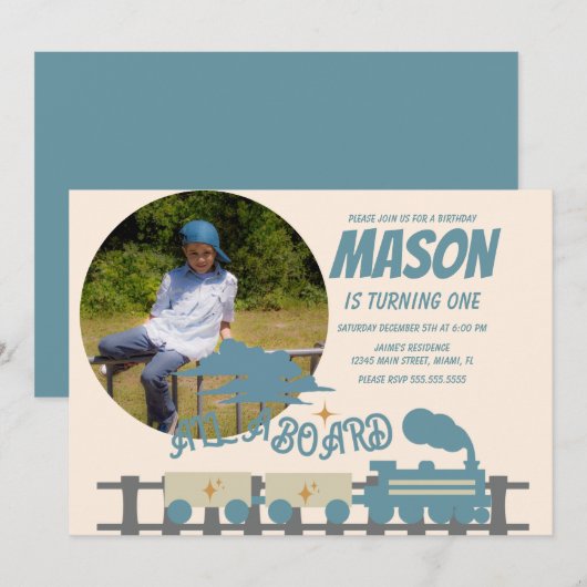 Retro Trein Kinderverjaardagsfeestje Aards Foto Kaart (Voorkant / Achterkant)