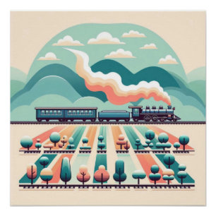 Retro treinreis door surrealistische landschappen perfect poster