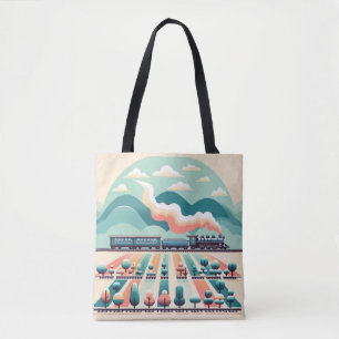 Retro treinreis door surrealistische landschappen tote bag