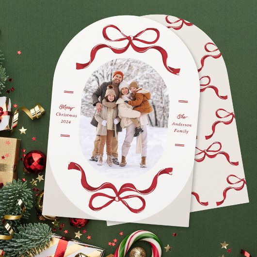 Retro trendy rode strikken ovale fotoboog feestkaa kaart