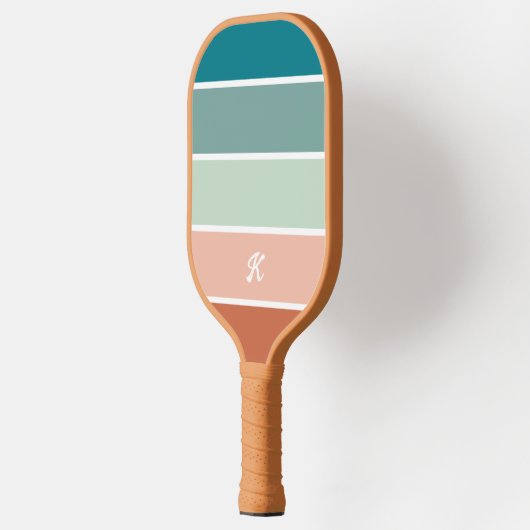 Retro Trendy Streep Terracotta Blauwgroen Monogram Pickleball Paddle (Links)