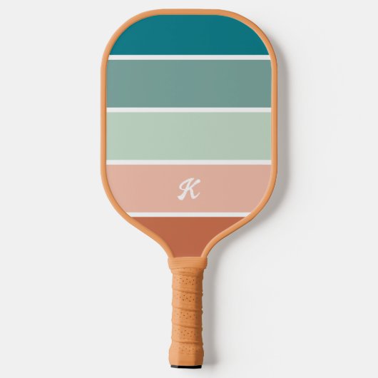 Retro Trendy Streep Terracotta Blauwgroen Monogram Pickleball Paddle (Achterkant)