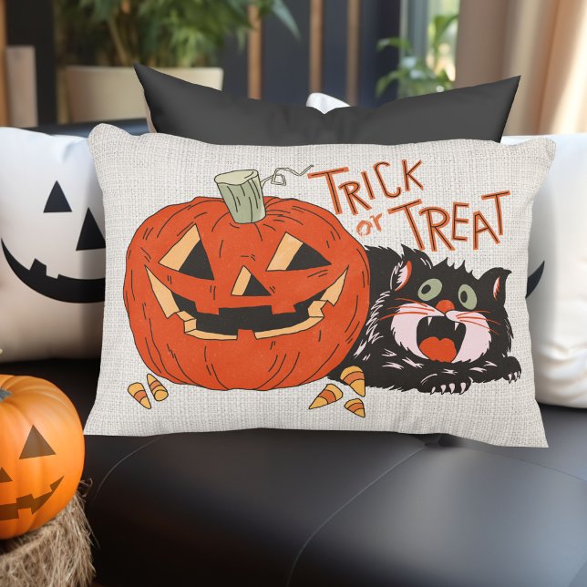  Retro Trick of Trick Halloween Accent Kussen (Vintage Retro Trick or Trick Halloween Black Cat with Jack-o-lantern Accent Pillow)