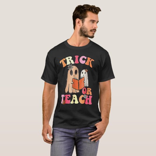 Retro Trick Or Teach Floral Ghost Teacher Hallowee T-shirt (Voorkant volledig)