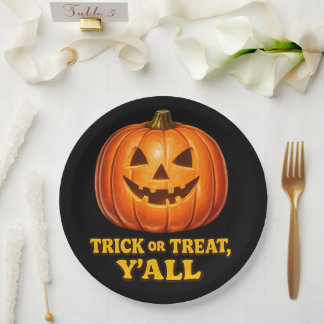 Retro Trick or Treat Y'all Zuidelijke Pompoen Papieren Bordje