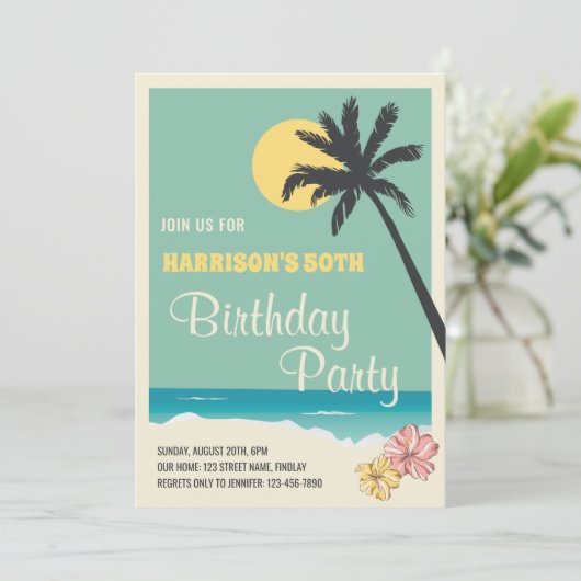 Retro Tropical Beach Adult Birthday Party Kaart (Staand voorkant)